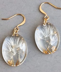 Dandelion Resin Earrings with Gold Flakes, Nature-Inspired Jewelry