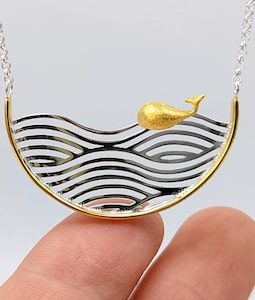 Ocean Wave Orca Gold Plated Necklace,Unique Colorful Whale,Minimalist Sterling Silver,Bridal Bridesmaid Jewelry,Mothers day gift for Grandma