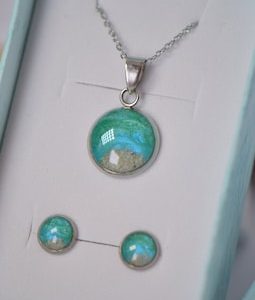Handmade Sand Jewelry Set – Resin Necklace & Stud Earrings with Real Soča River Sand – Blue Ocean Jewelry Gift for Her