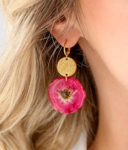 Red Wild Rose Resin Earrings with Pressed Rose Petals and Round Pendants, Epoxy Resin Wildflower Earrings, Real Flowers, Bush Roses