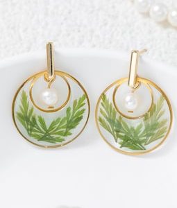 Real Fern Leaves Earrings, Handmade Pressed Resin Pearl Dangle Jewelry, Summer Greenery Gift, Gift for Women, Gift For Sister, Gift For Her