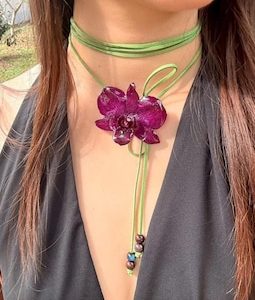 Real Orchid Choker Necklace – Burgundy Resin Preserved Flower, Boho Floral Statement Jewelry