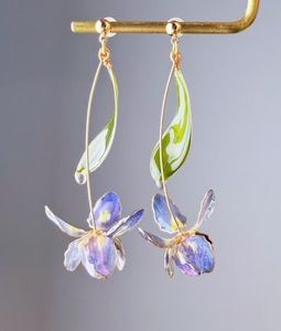 Handmade Blue Purple Iris Resin Flower Earrings