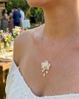 Real Orchid Pearl Necklace, Bridal Floral Wedding Pendant, Handmade White Flower Jewelry