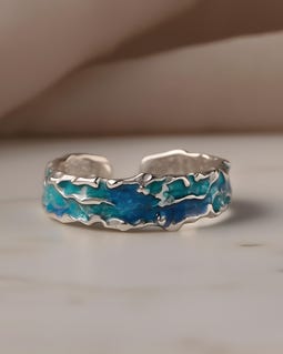 Ocean Wave Ring, Textured Blue Enamel Band, Adjustable Copper Jewelry