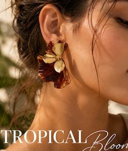 Tropical Botanical Statement Earrings, Resin Flower Studs, Vacation Jewelry, Resort Style Accessories, Gold Floral Earrings