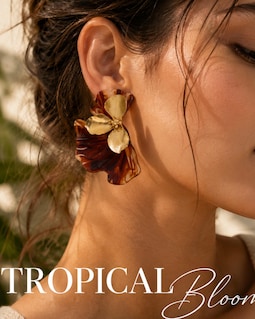 Tropical Botanical Statement Earrings, Resin Flower Studs, Vacation Jewelry, Resort Style Accessories, Gold Floral Earrings