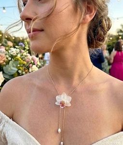 Real Preserved Orchid Pearl Drop Necklace, Botanical Bridal Jewelry