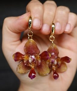 Real Flower Earrings, Orchid Hoops, Resin Jewellery, Dark Floral