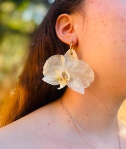 Real Orchid Earrings: Gold Hoop Earrings Resin, Unique White Wedding Bridal Jewelry