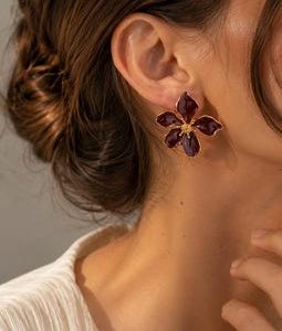 Wine Red Flower Stud Earrings, Gold Tone Floral Jewelry, Retro Statement Accessory, Elegant Gift For Her, Botanical Daily Wear, Women Styles