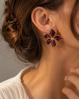 Wine Red Flower Stud Earrings, Gold Tone Floral Jewelry, Retro Statement Accessory, Elegant Gift For Her, Botanical Daily Wear, Women Styles
