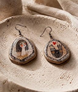 Hand Painted Bird & Woman Pendant /Earrings | Resin Jewelry | Lightweight Clay Art