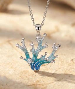 Saelith Necklace, Coral Wave Pendant, Ocean Zirconia Necklace, Silver Handmade Jewelry, Beach Necklace, Gift for Her