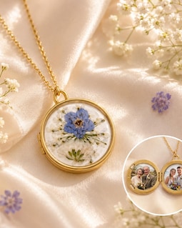 Custom Forget-Me-Not & Baby's Breath Locket Necklace, Personalized Photo Locket with Real Dried Flowers, Handmade Resin Locket, Gift for Her