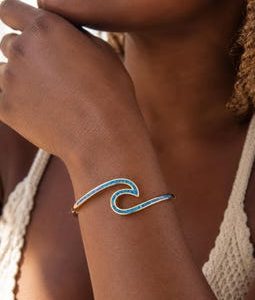 Opal Wave Cuff Bracelet,Custom Engraved Ocean Wave Bangle,Blue Opal Adjustable Open Cuff,Ocean Lover Gift,Memorial Keepsake Jewelry for Her