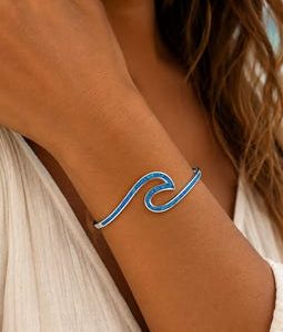 Opal Wave Cuff Bracelet, Engravable Open Bangle, White & Blue Opal Ocean Wave Bracelet, Personalized Beach Jewelry Gift for Her