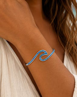 Opal Wave Cuff Bracelet, Engravable Open Bangle, White & Blue Opal Ocean Wave Bracelet, Personalized Beach Jewelry Gift for Her